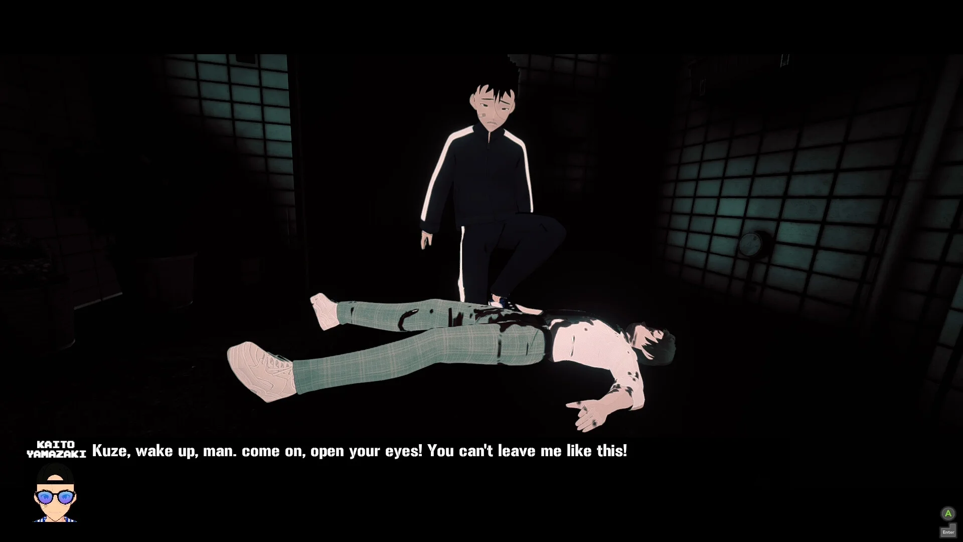 * **主要な視覚要素**: 膝をついて倒れた人物（Kuze）に寄り添う、別の人物（Kaito Yamazaki）