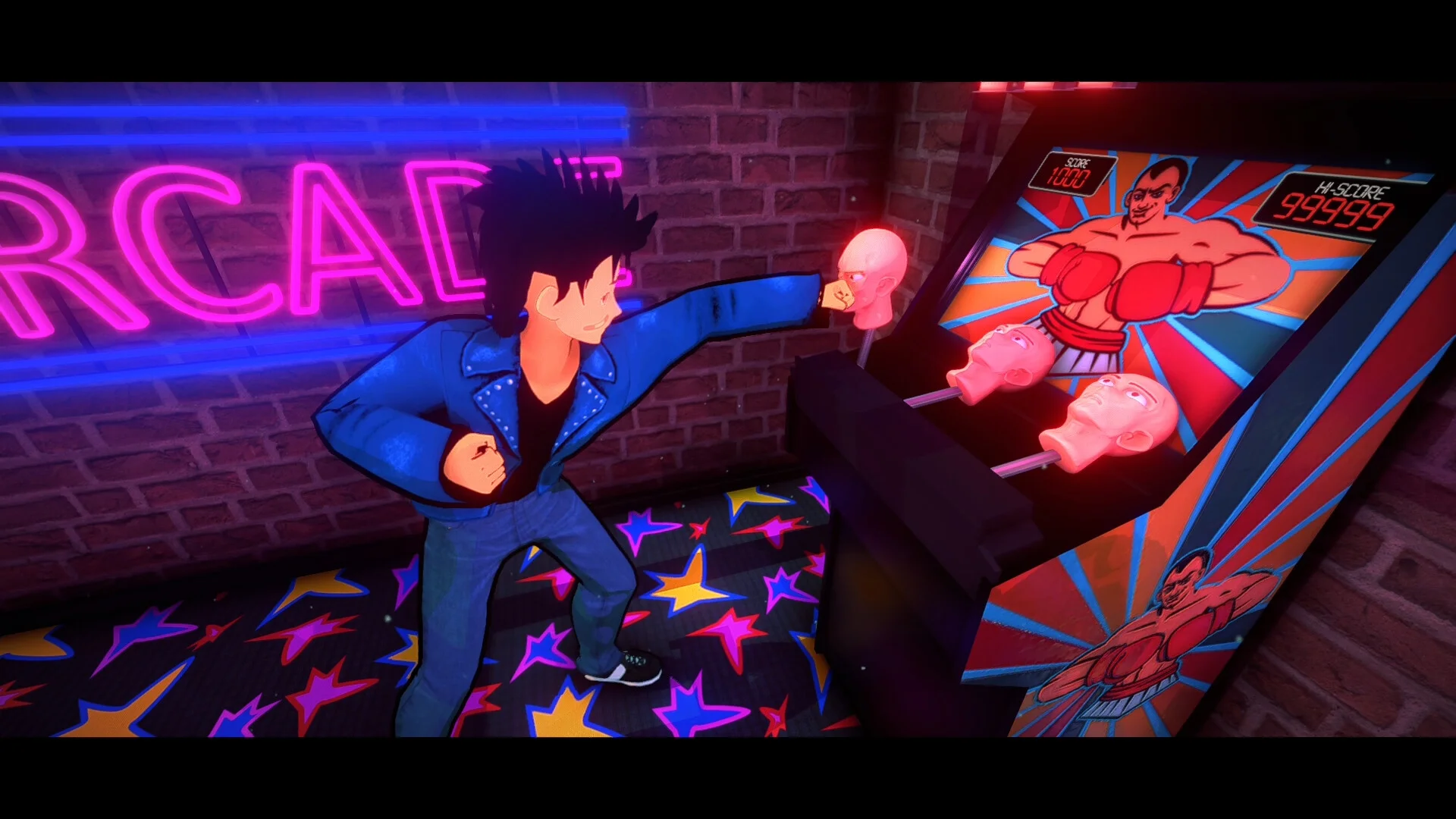 格闘ゲーム筐体を操作するキャラクター 1
