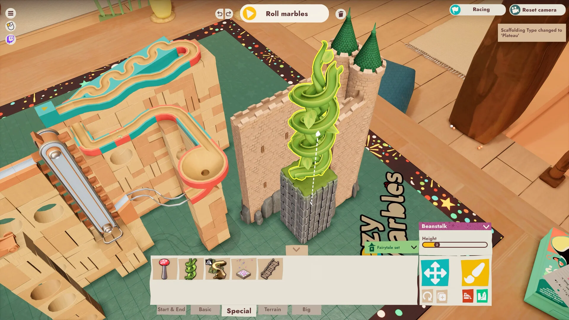 コース作成中の編集画面。城の壁や豆の木のような装飾パーツ、ボールの走行路となるブロックが配置されています。中央の「豆の木」パーツが選択中で、黄色い枠線でハイライ