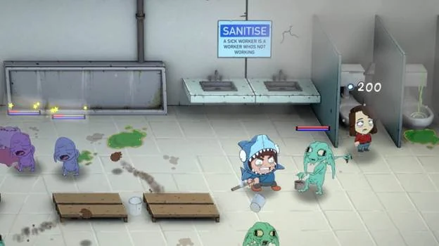 サメの被り物をしたキャラクターの戦闘