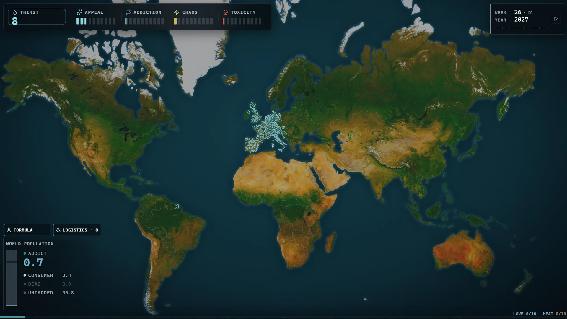 世界地図と統計データを表示するゲームの画面