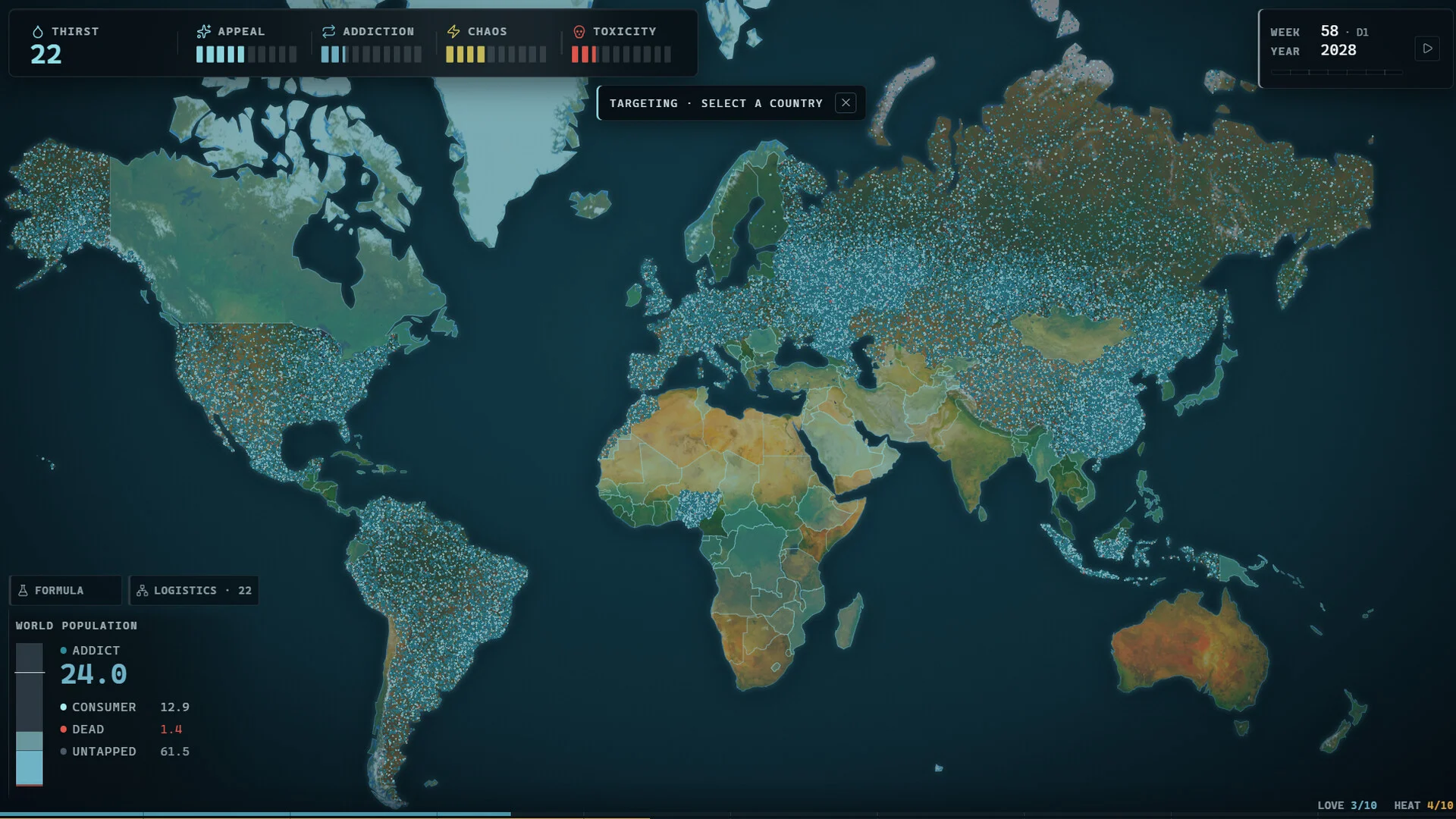 世界地図と統計データを表示するゲームの画面