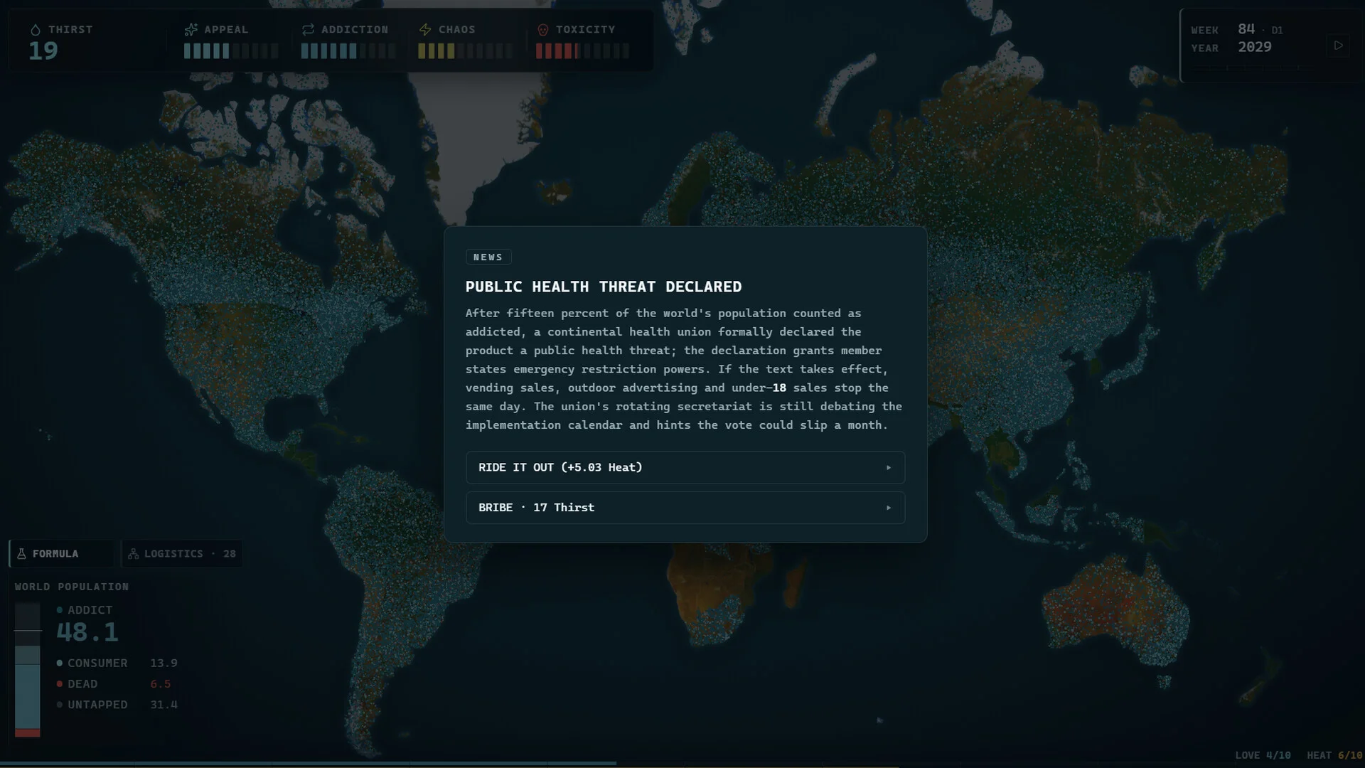 世界地図背景にニュースポップアップと統計データを表示するゲーム画面