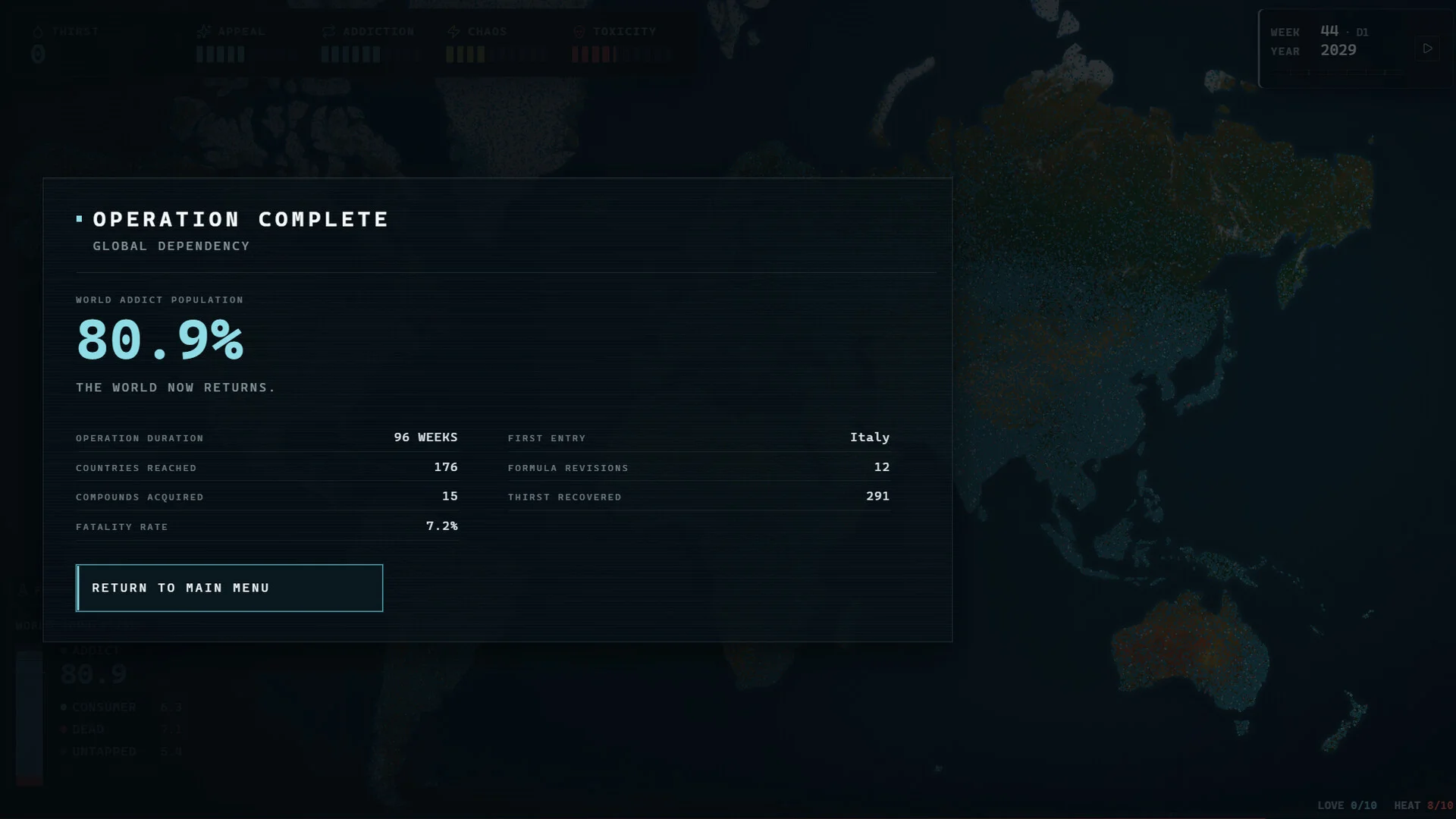 OPERATION COMPLETEとGLOBAL DEPENDENCY 80.9%の表示画面