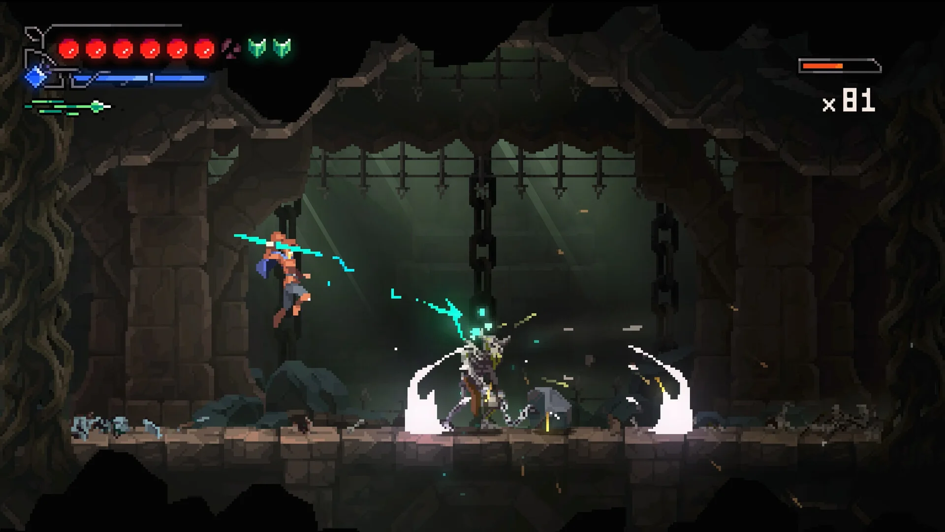 洞窟内で剣を振るうキャラクターが敵と戦うピクセルアートのゲーム画面