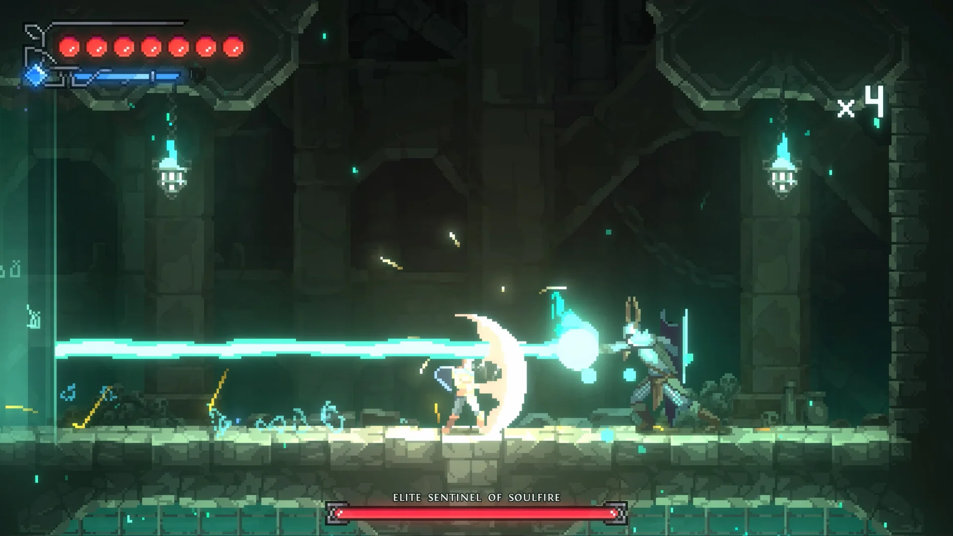 ELITE SENTINEL OF SOULFIREと表示されたボス戦のゲームプレイ画面
