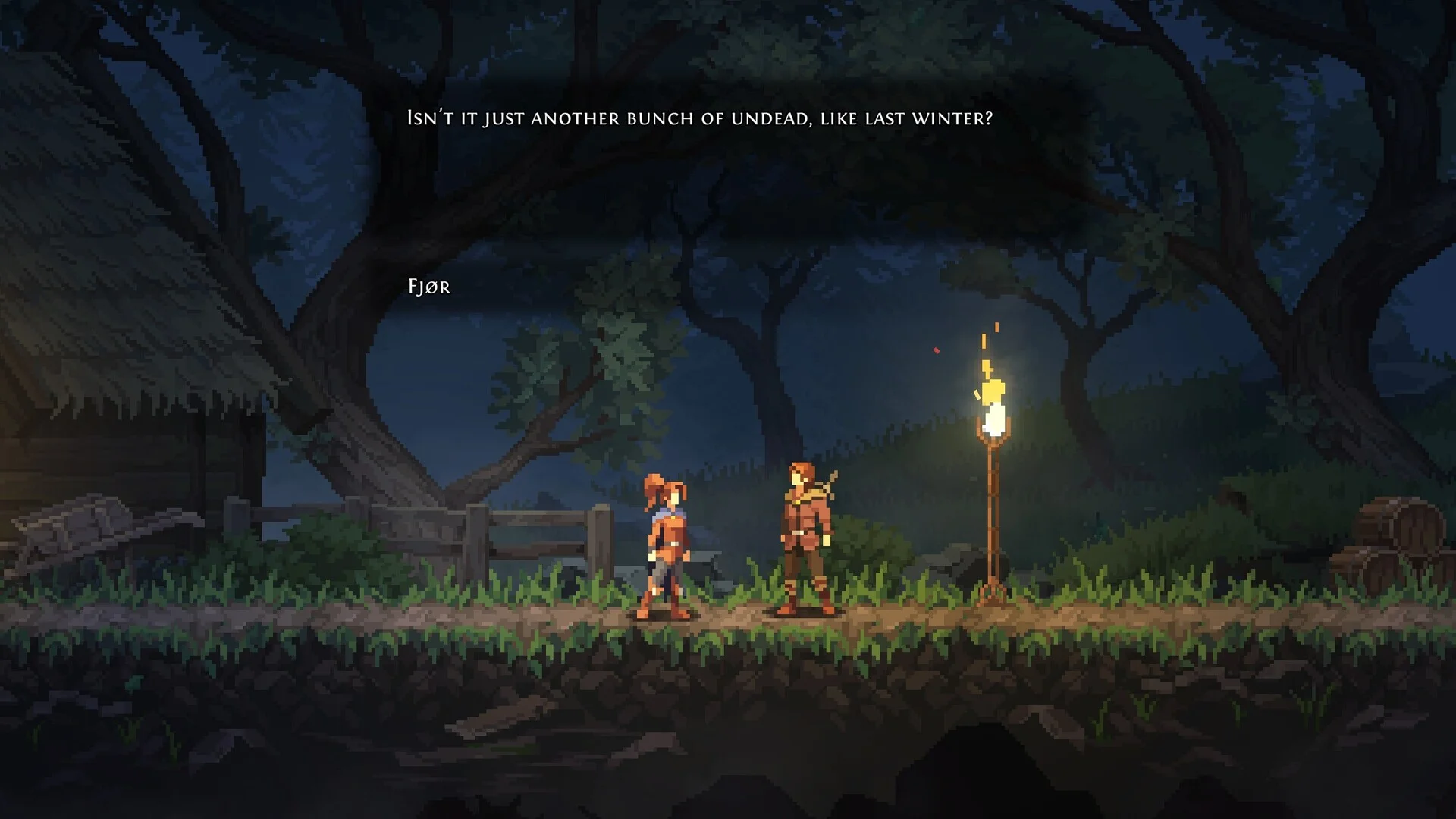 夜の森で2人のキャラクターが立ち、Fjörという名前と英語のセリフが表示されたピクセルアートのゲーム画面