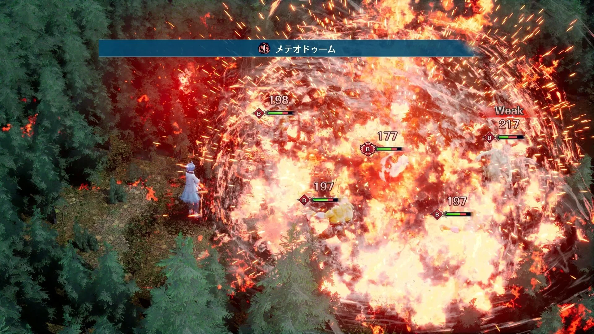 ゲーム画面でメテオドゥームの爆発とダメージ数値