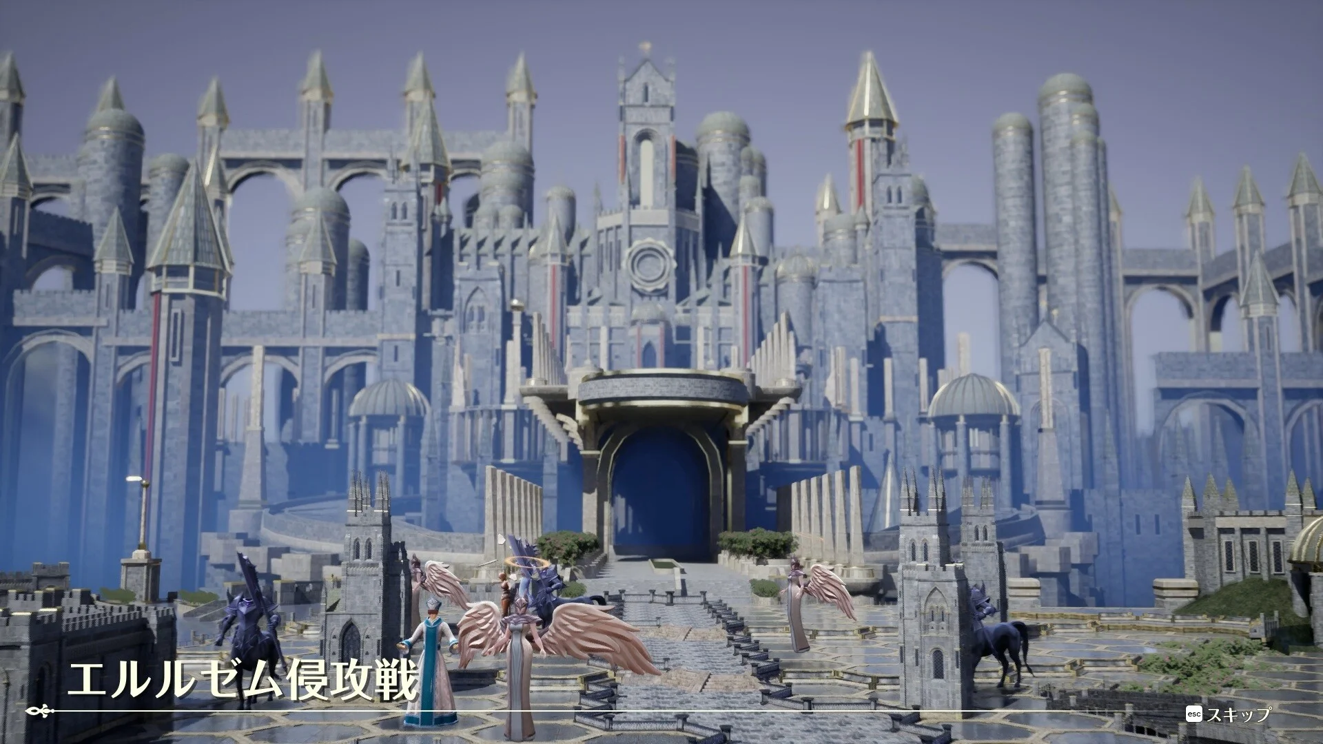 エルルゼム侵攻戦のゲーム画面で、大聖堂とキャラクターが映る