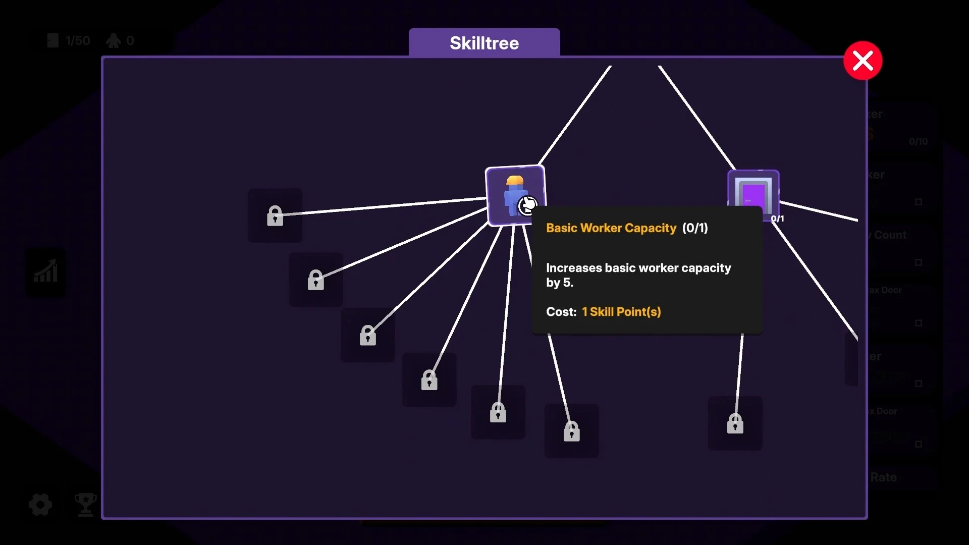 Skilltree画面でBasic Worker Capacityのスキル情報が表示されている様子