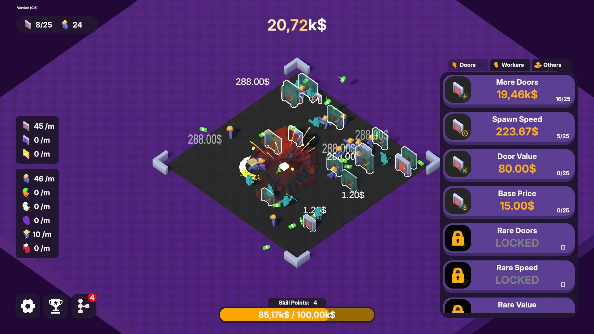 ドアやワーカーが配置されたゲーム画面とアップグレードメニュー