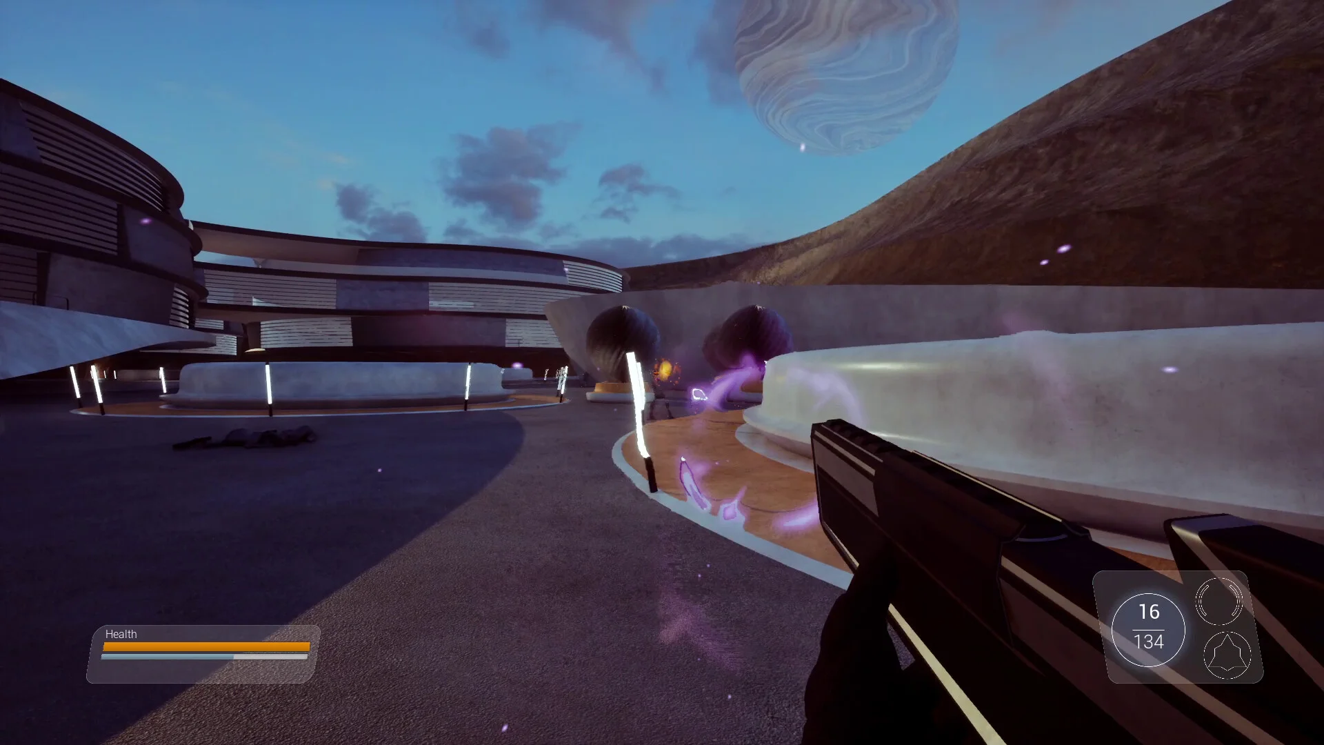 SF風施設で銃を構える一人称視点のゲームプレイ画面