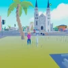 低ポリゴン風ゲーム画面で、教会と街並みの中をキャラクターが移動する様子