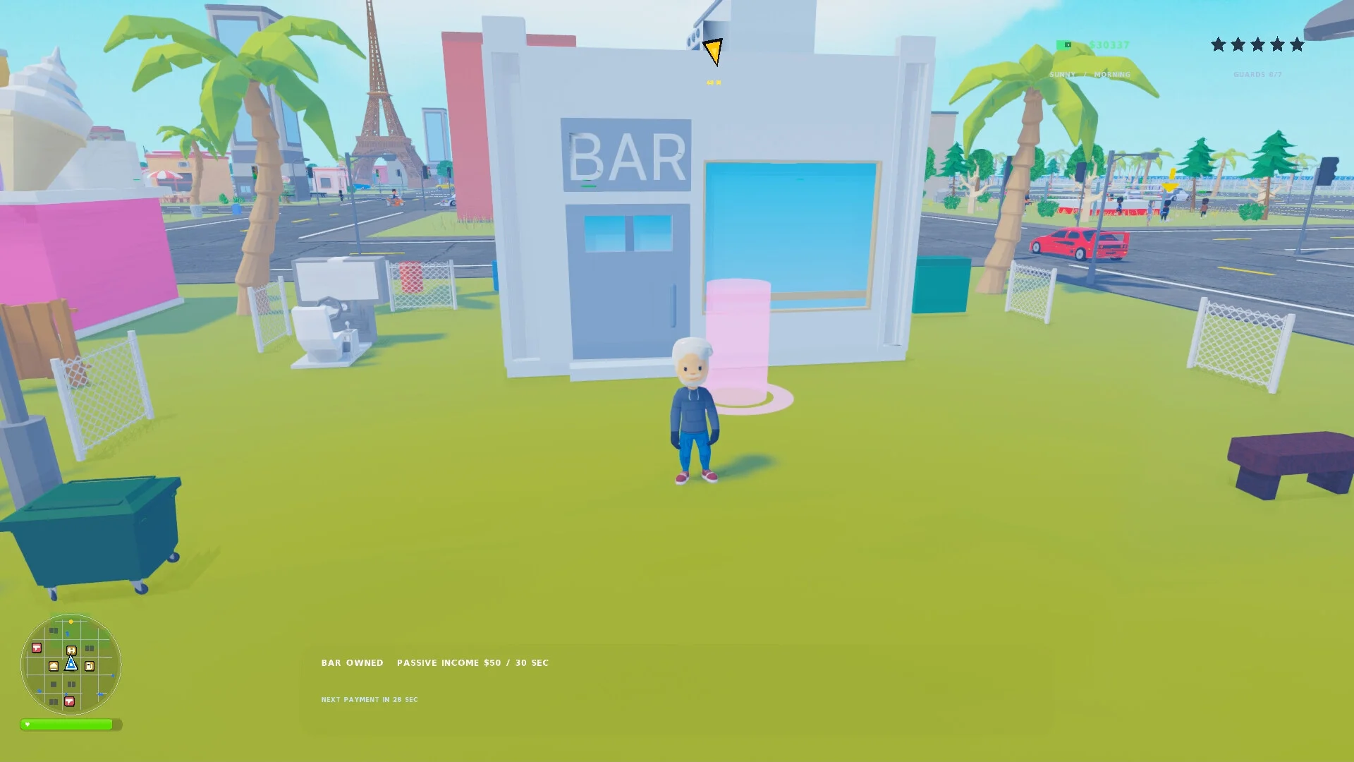 BARの看板が掲げられた建物とキャラクターが映るゲーム画面