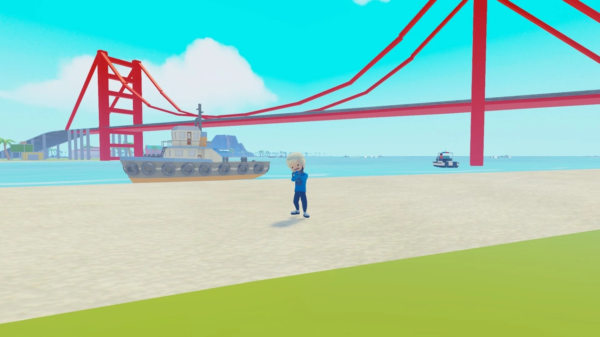 赤い吊り橋と船が背景にあるビーチで立つゲーム内のキャラクター
