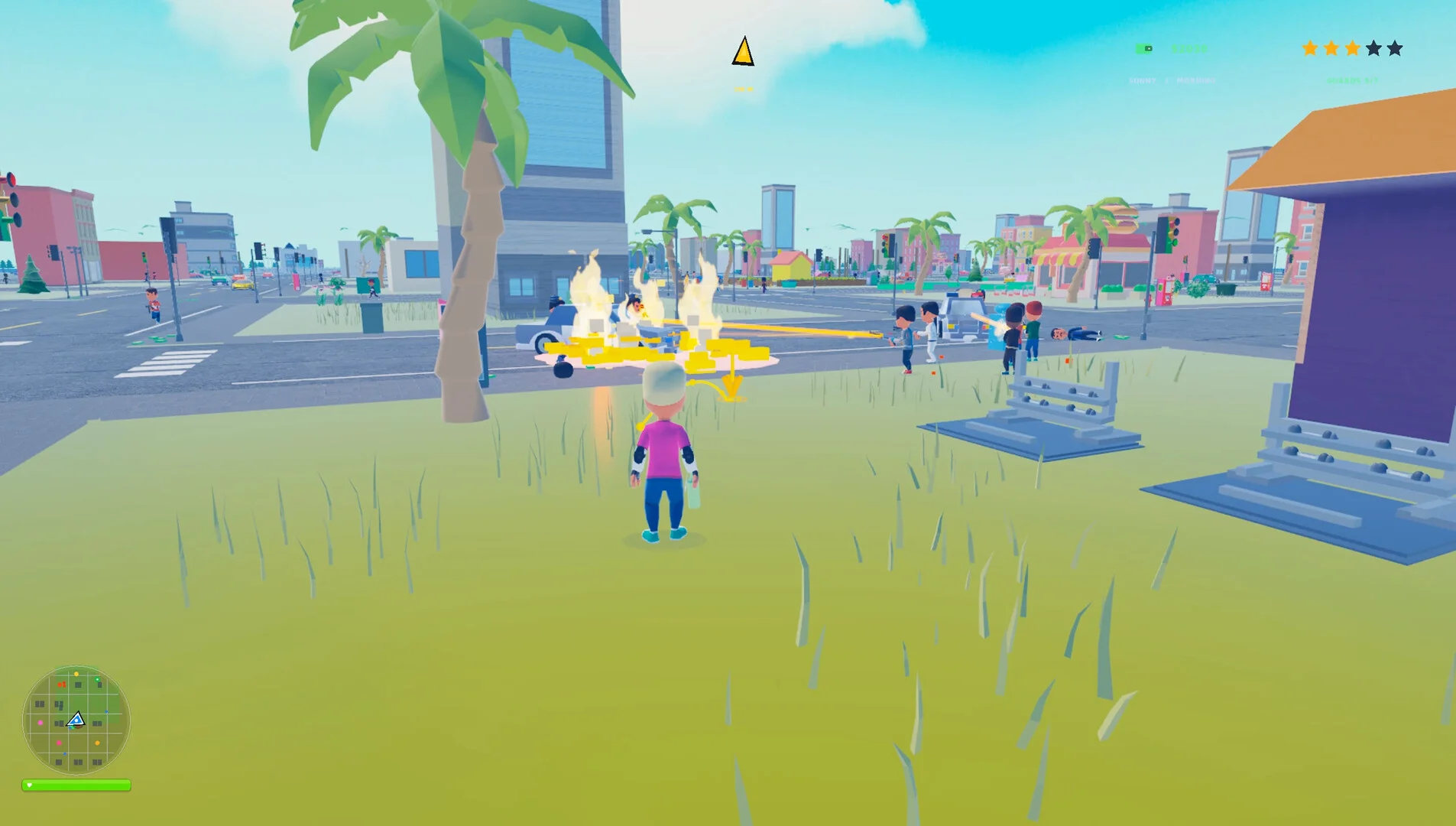 ゲーム内の都市で炎上する車とキャラクターが映る画面