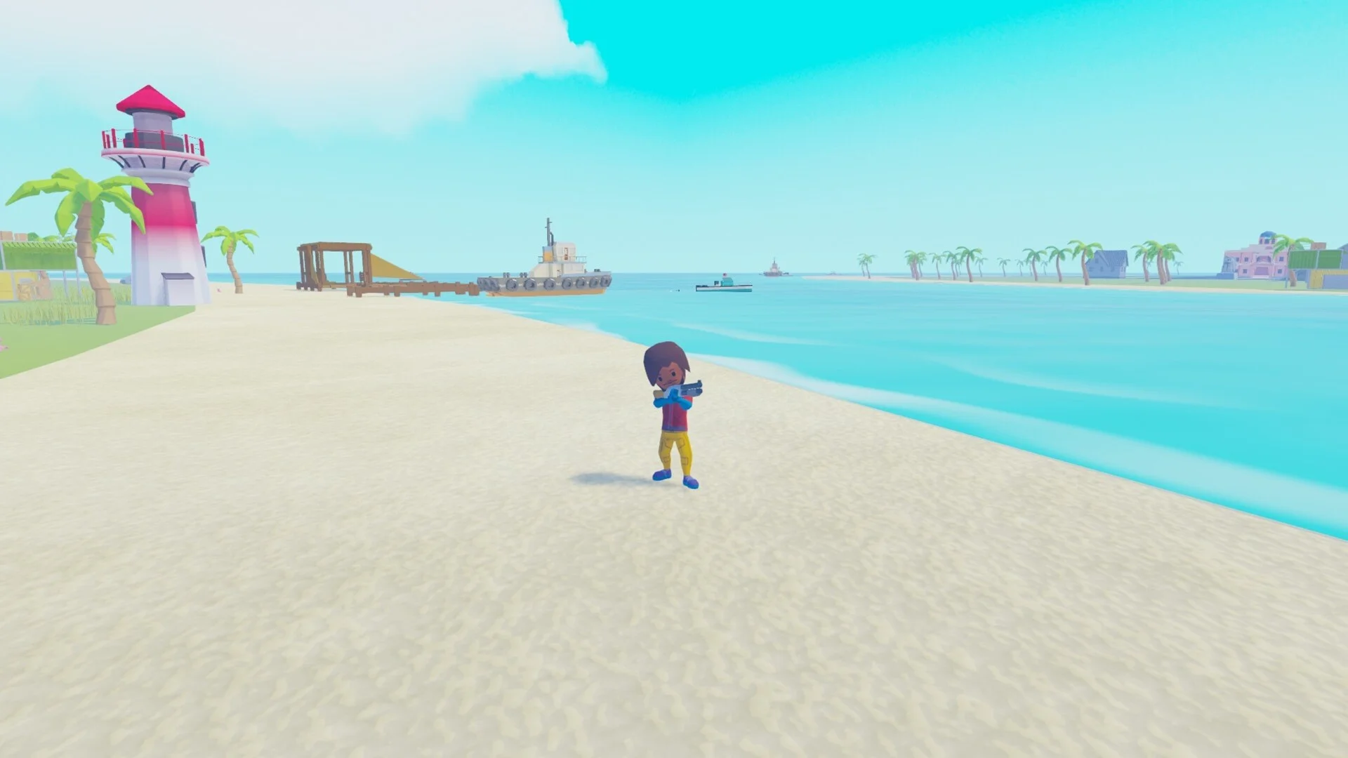 砂浜に立つキャラクターと灯台、船が映るゲーム画面
