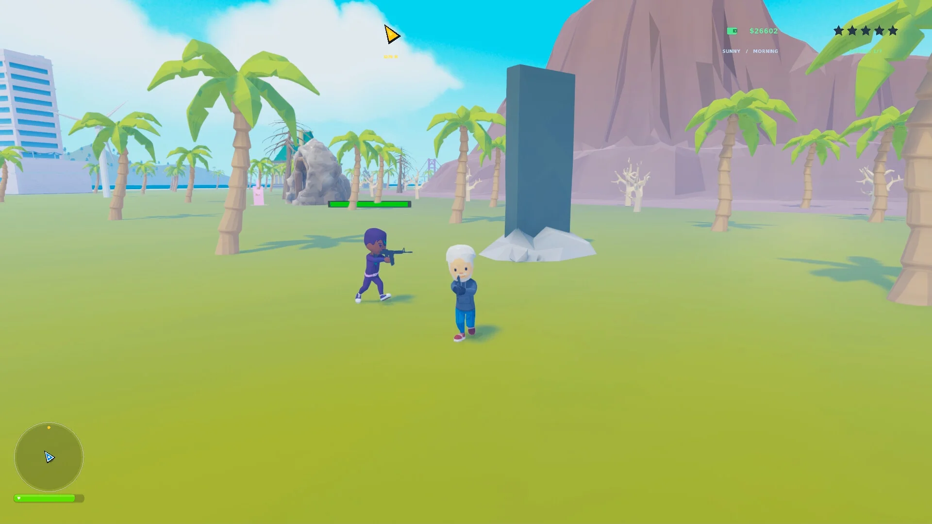 低ポリゴン風ゲーム画面で、2人のキャラクターが椰子の木のある草原に立っている様子