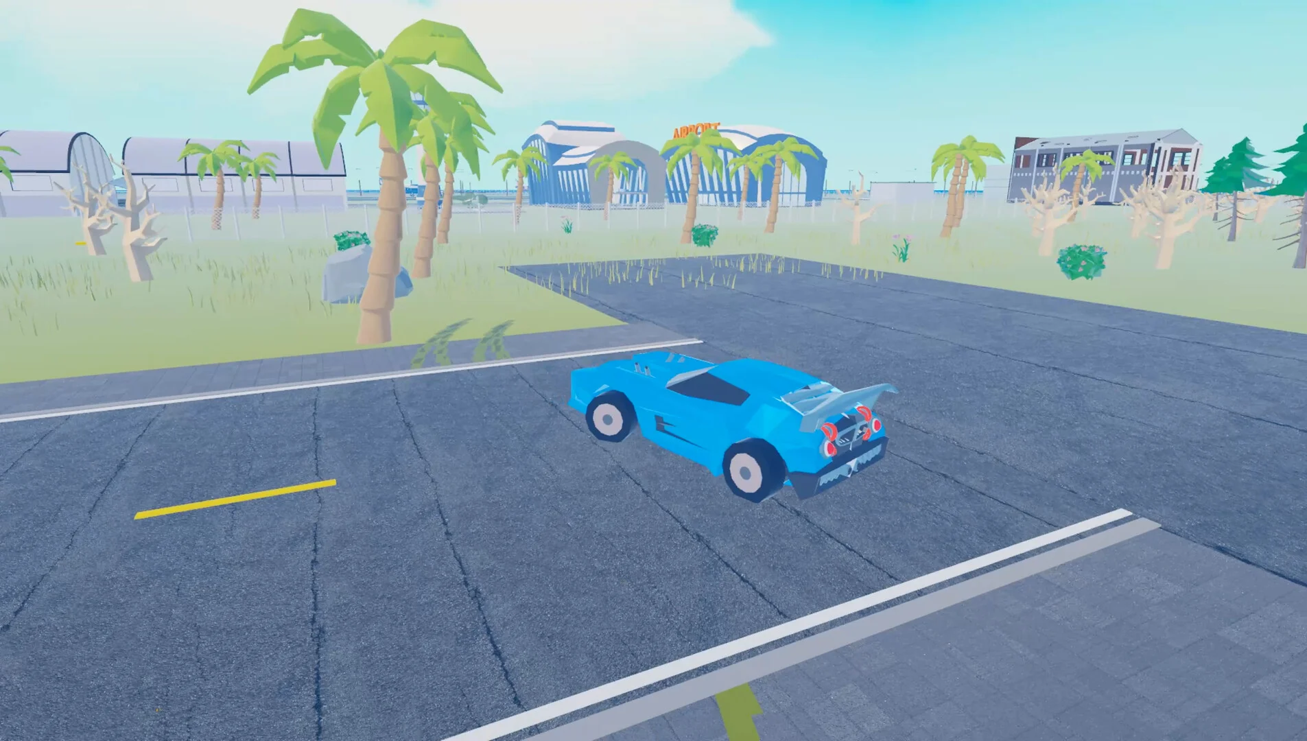 空港を背景に、道路を走行する青いスポーツカーの3Dゲーム画面