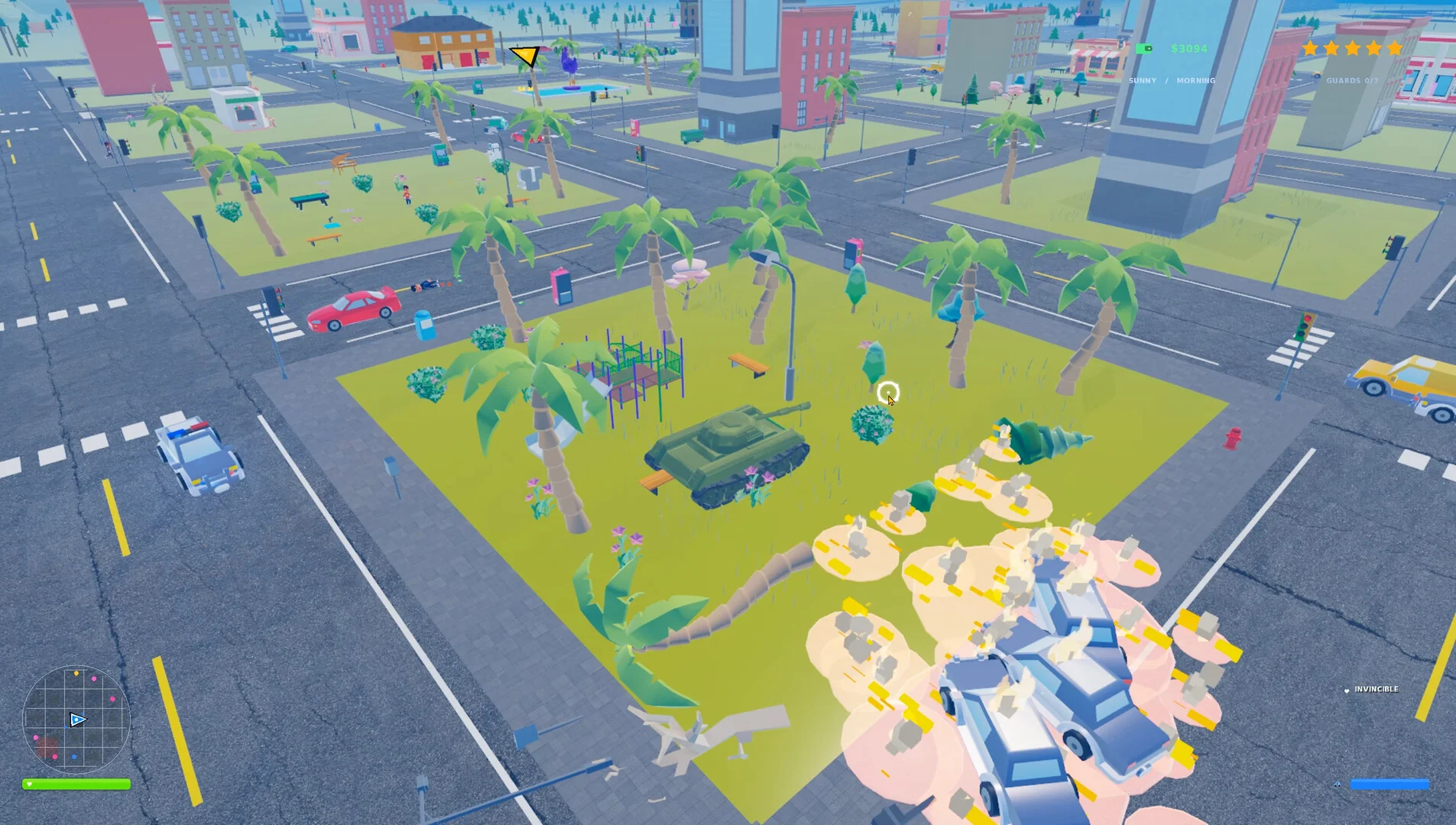 公園で戦車が車両に衝突するゲームのプレイ画面