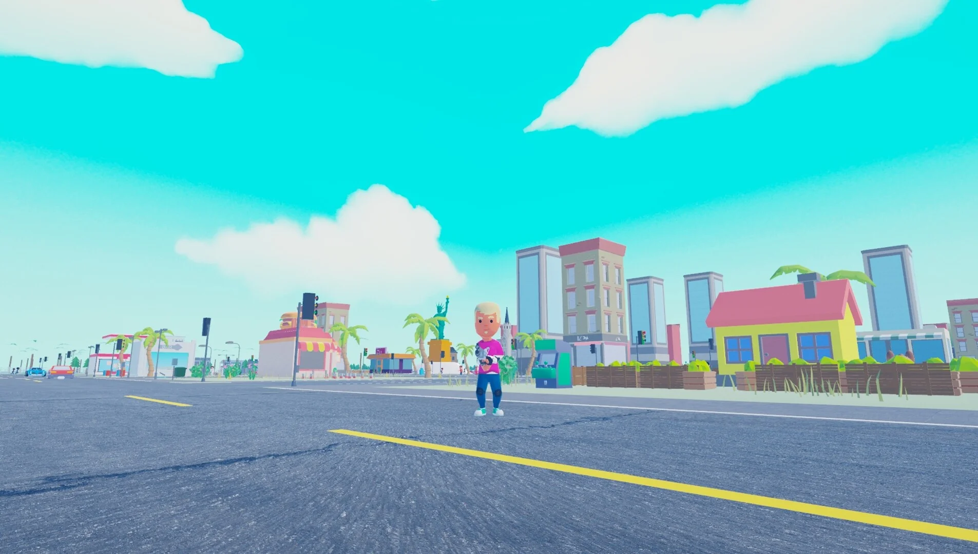 カラフルな街並みと道路に立つ3Dキャラクター
