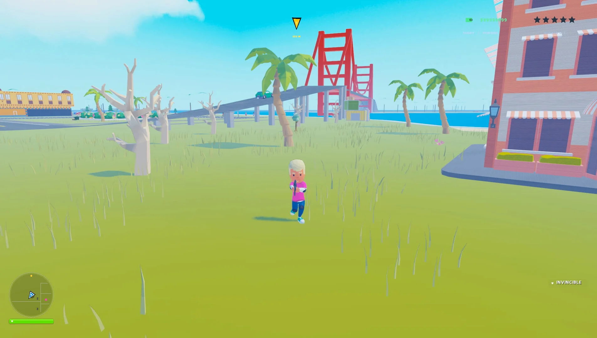 ゲーム画面で、キャラクターが橋や建物のある草原に立っている様子