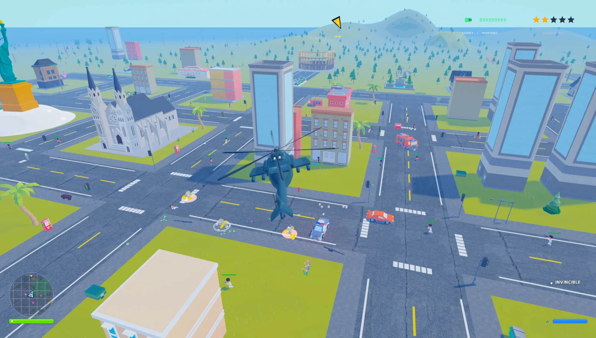 都市の上空を飛行するヘリコプターとゲーム画面のUI