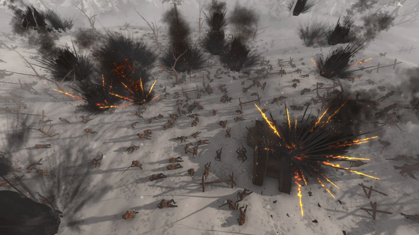 雪原で兵士が戦い、各所で爆発が起きているゲーム画面
