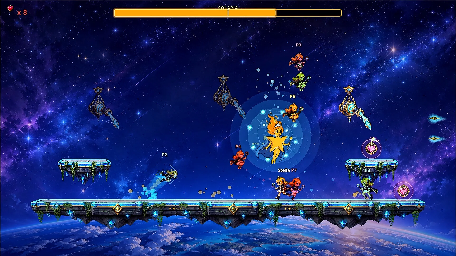 宇宙を背景に複数のキャラクターが戦うゲーム画面