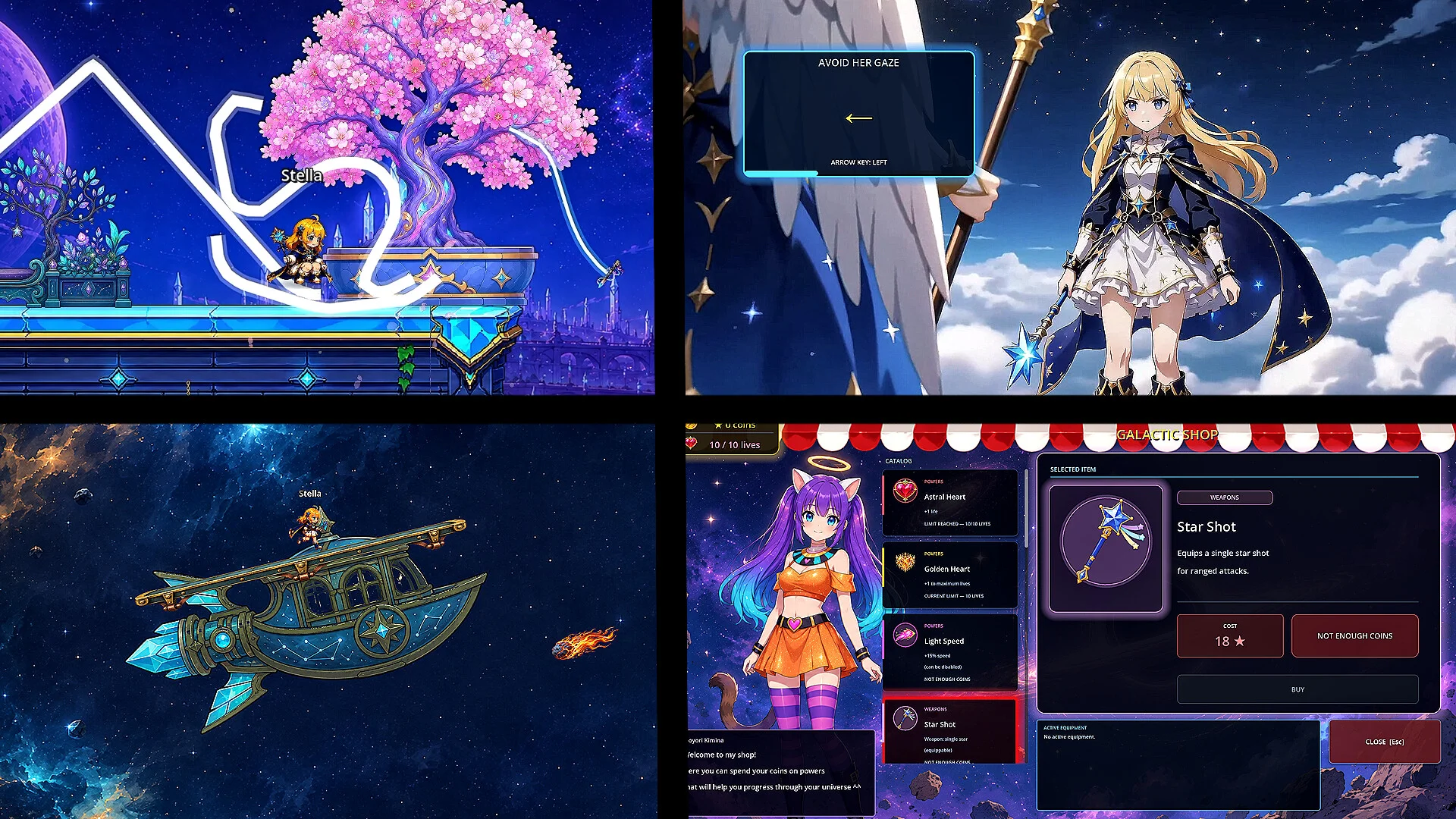 星空のゲーム画面、キャラクターと船、装備画面の組み合わせ