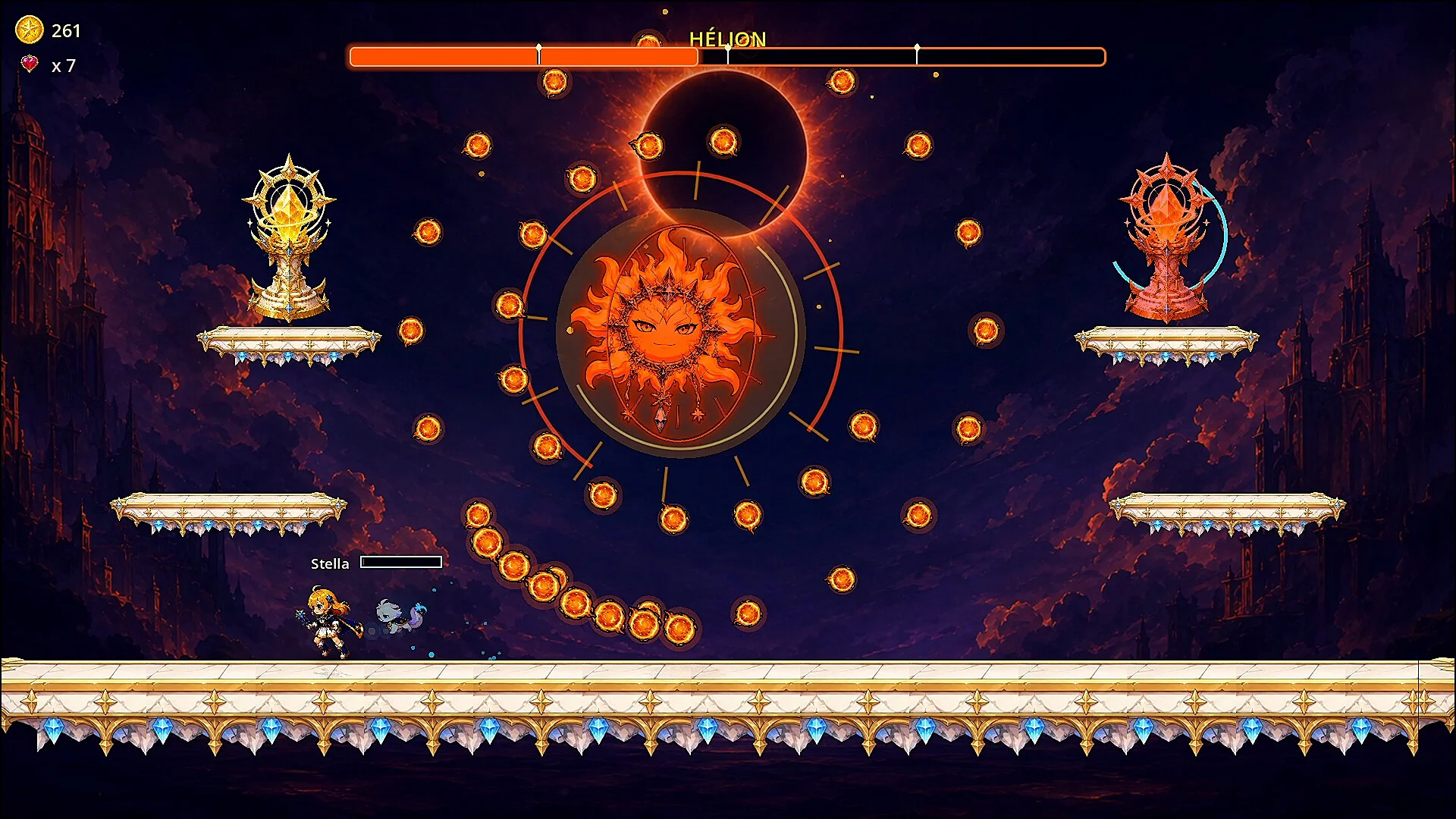 HELIJONのボス戦で、中央に太陽の顔と周囲に弾が見えるゲーム画面