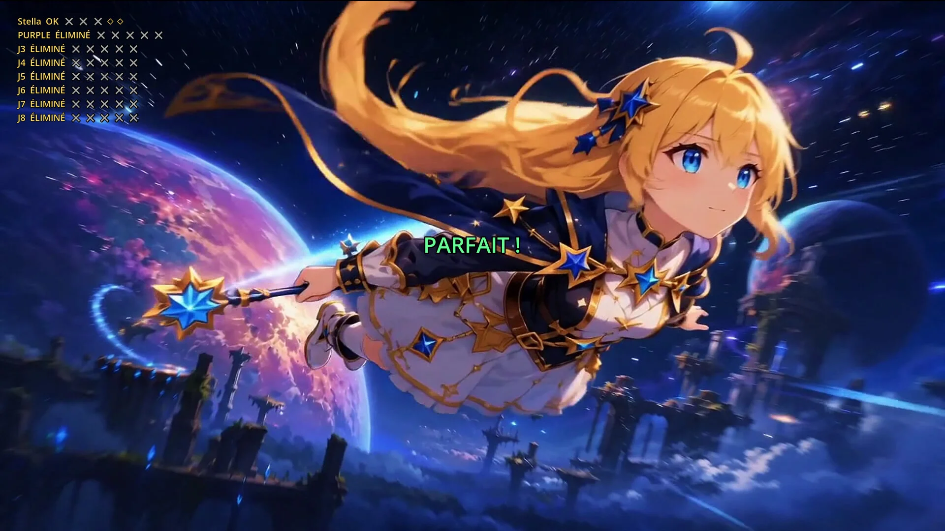 金髪で青い目のキャラクターが星形の杖を持ち、宇宙を飛ぶゲーム画面