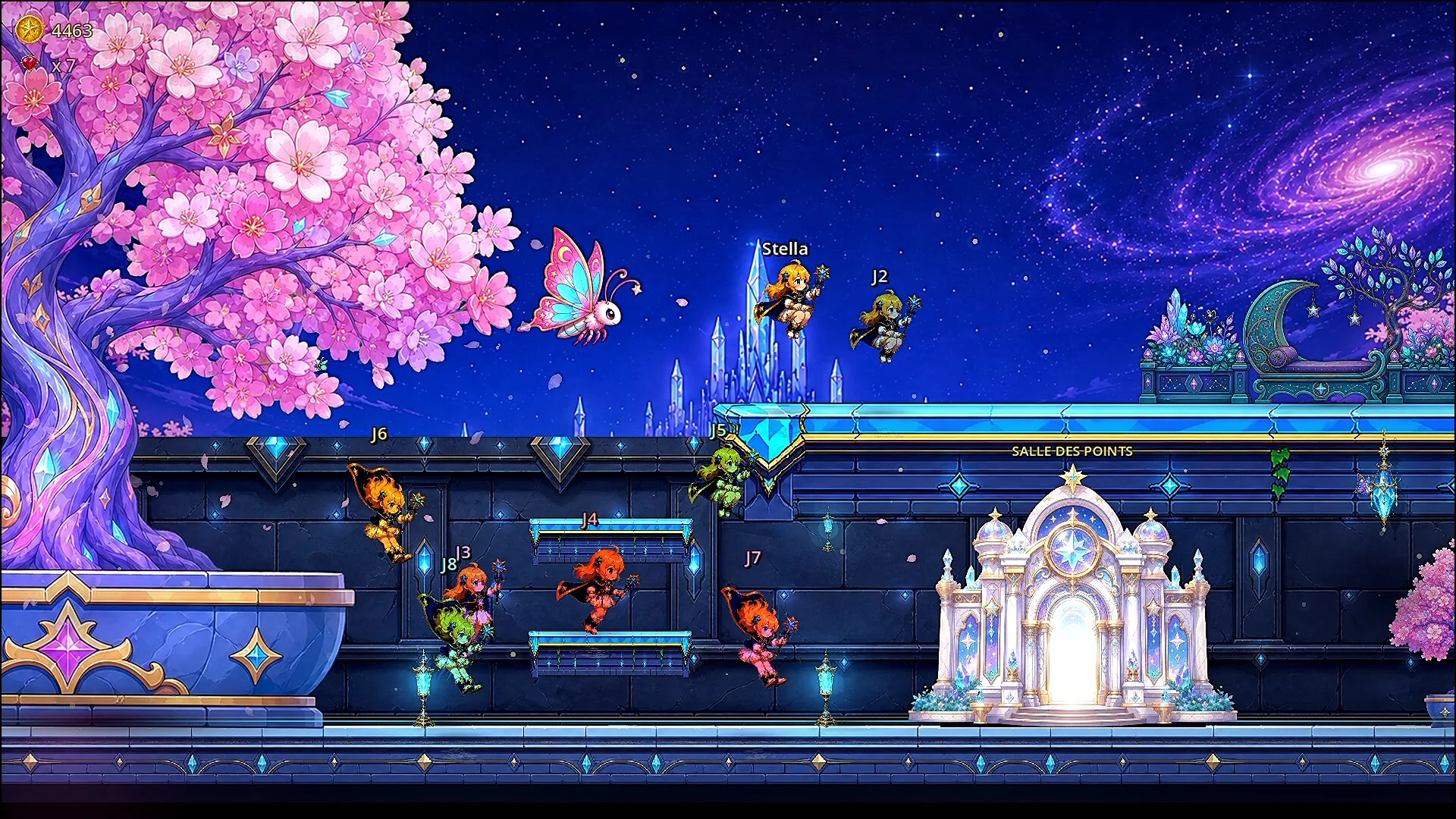 桜色の大木と複数のキャラクターが描かれたゲーム画面