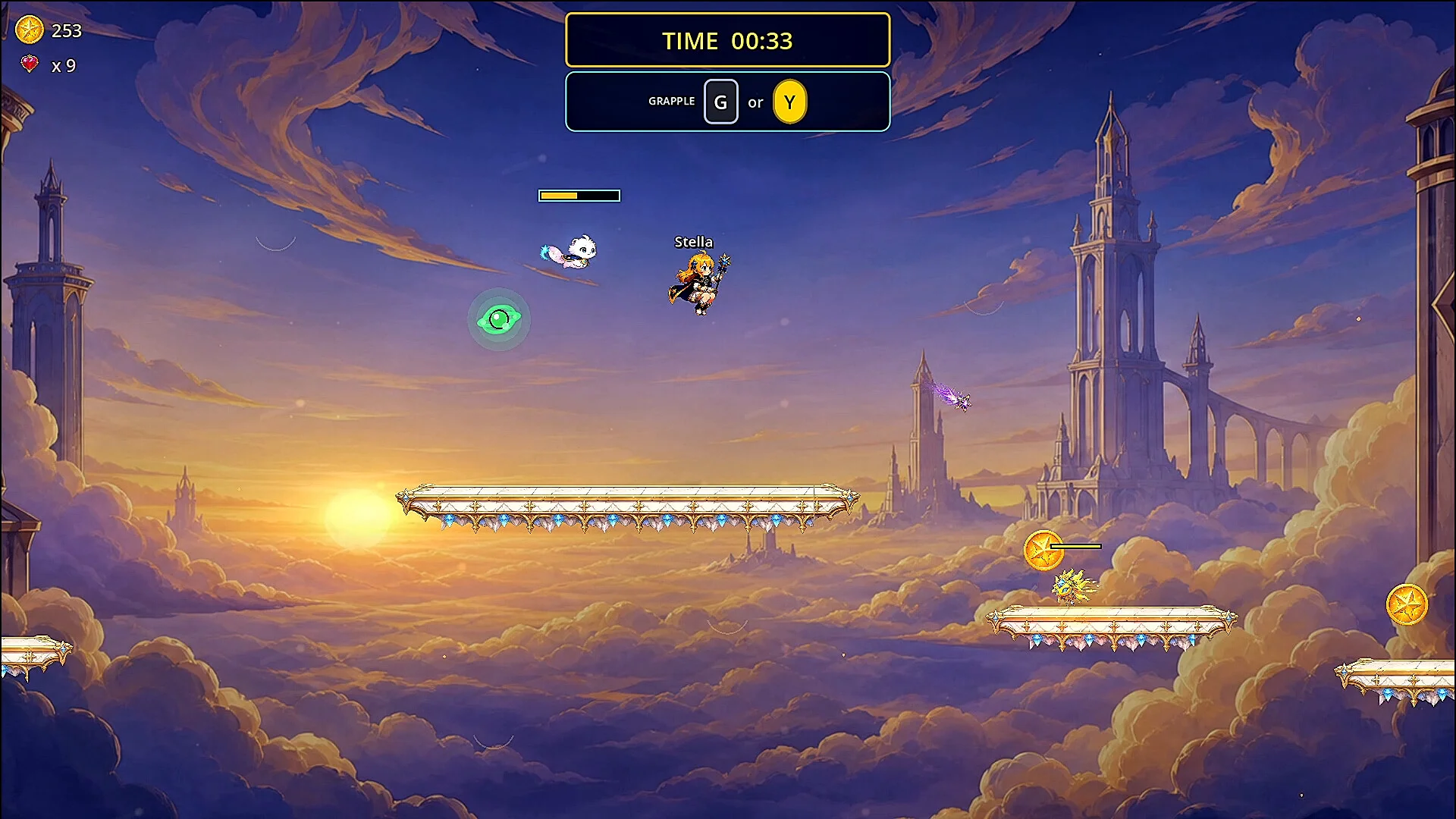 雲に囲まれた空中の足場をキャラクターが移動するゲーム画面