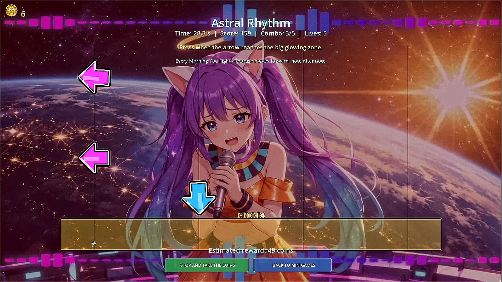 Astral Rhythmのゲーム画面。宇宙を背景に歌うキャラクターと矢印が表示されている