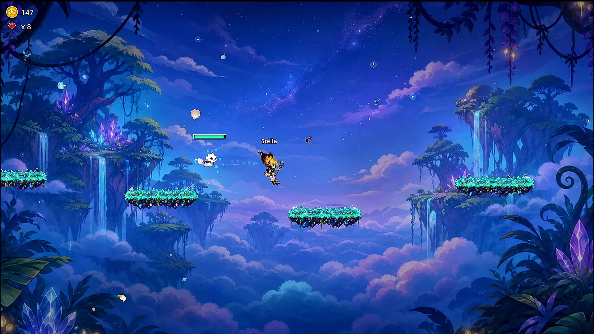 キャラクターが空中を移動する横スクロールゲームの画面