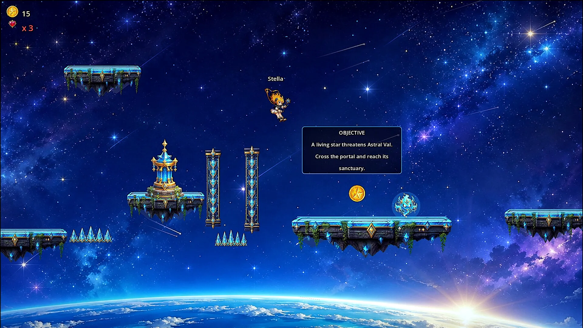 星空を背景にキャラクターが足場を飛び移るゲーム画面
