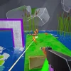 銃を構え、水辺の緑の足場にいる敵を狙うゲーム画面