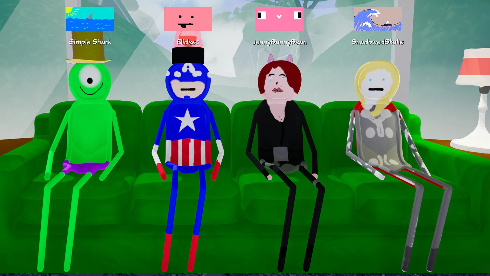 Simple Shark、Elldest、JennyBunnyBean、ShadowedSkullsの4人が緑のソファに座る