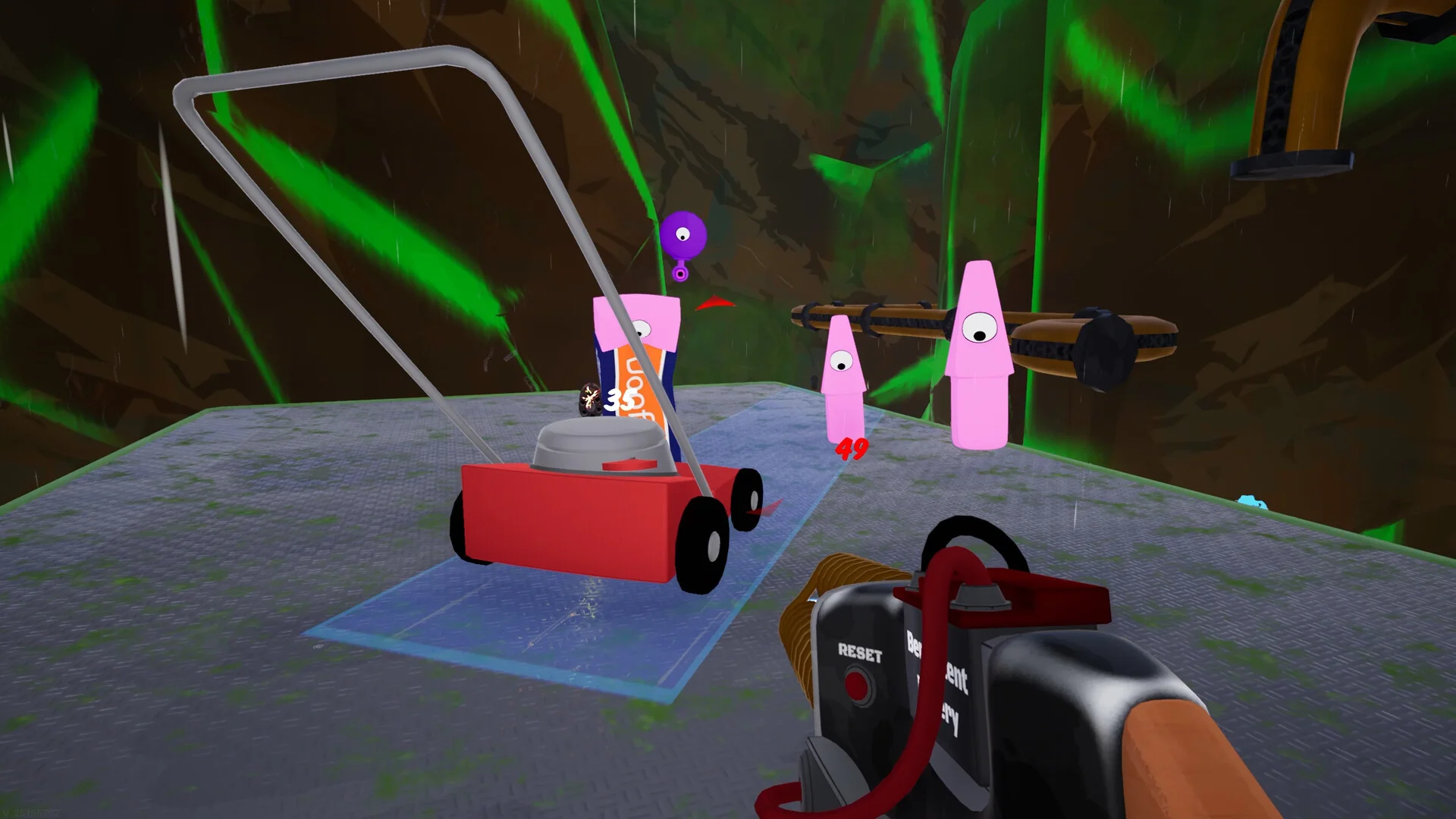 一人称視点のゲーム画面に映る赤い装置とピンクのキャラクター