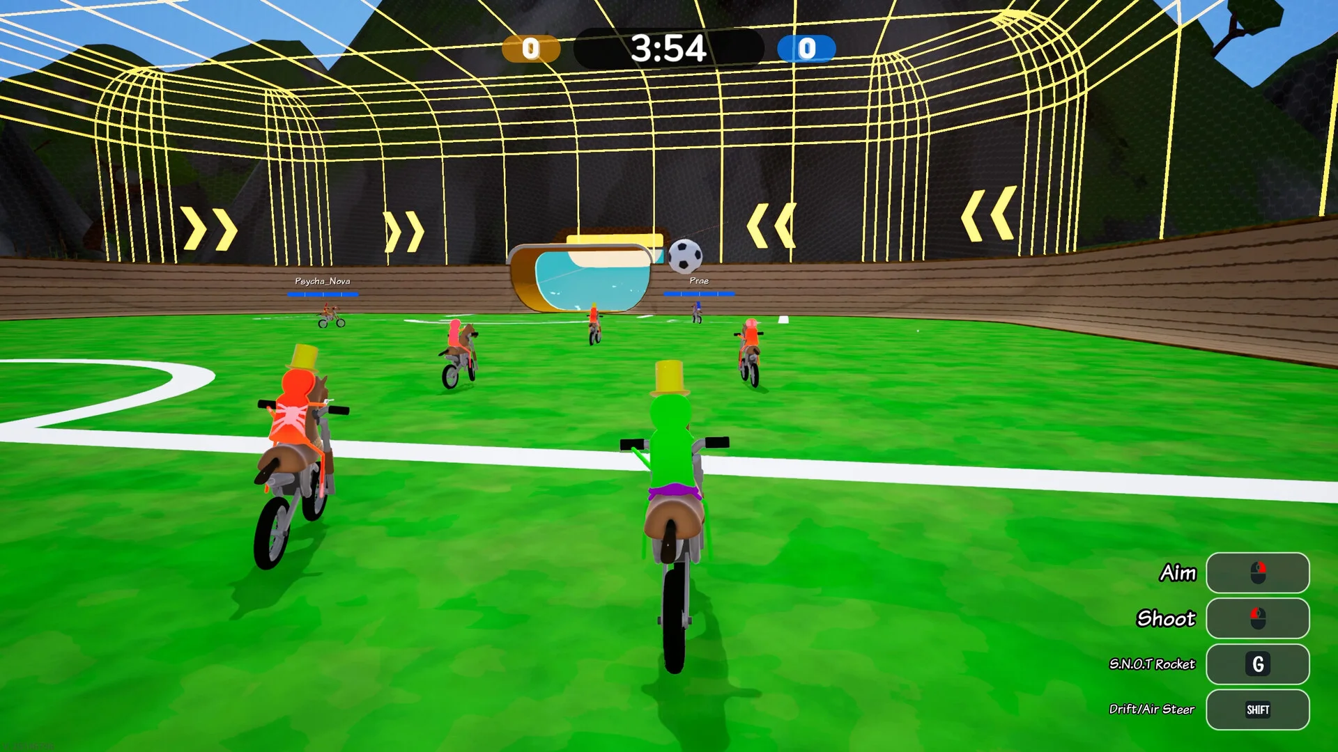 バイクに乗った複数のキャラクターがボールを追うゲーム画面