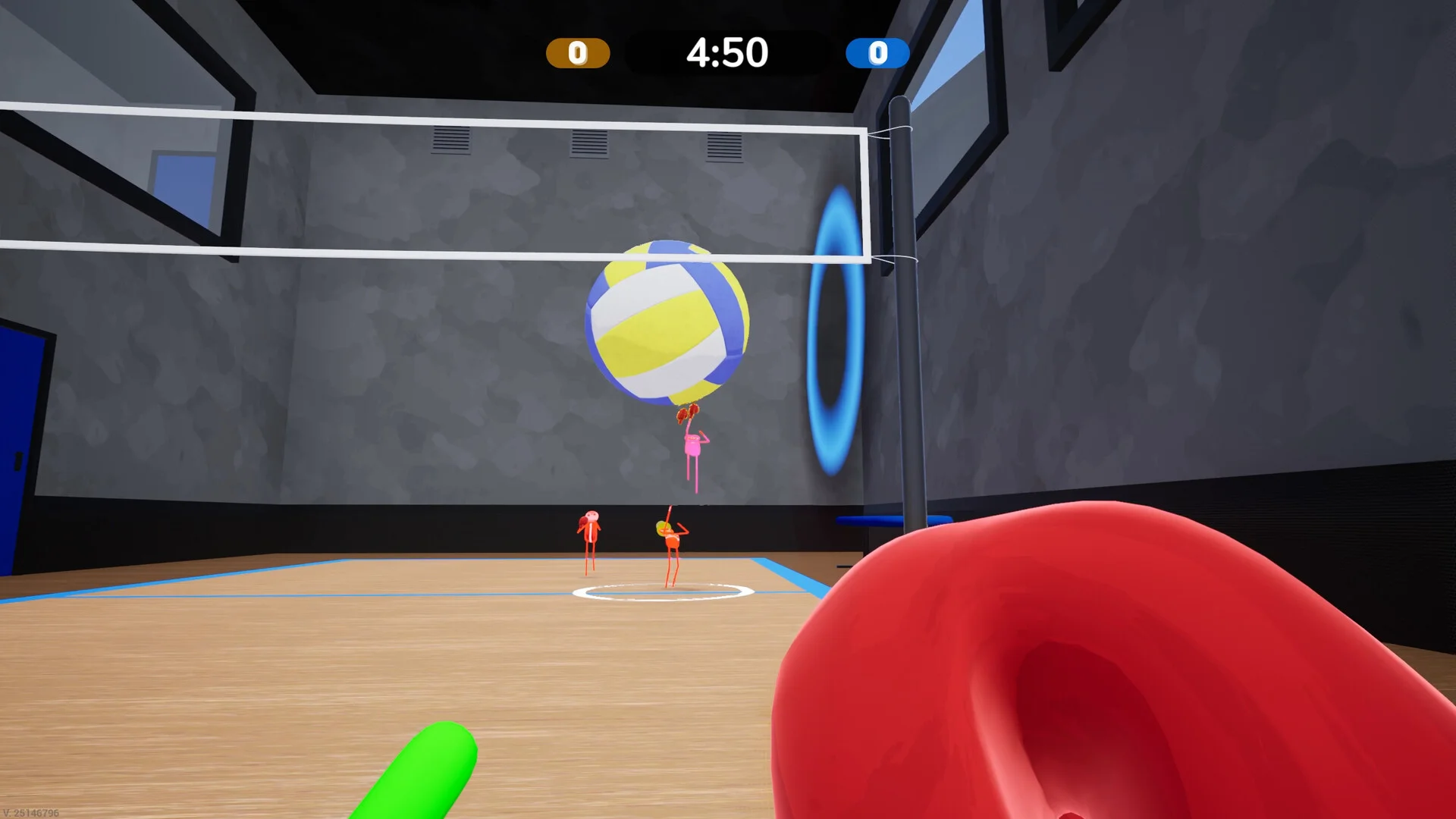 屋内コートで複数のキャラクターが大きなボールを追うゲーム画面