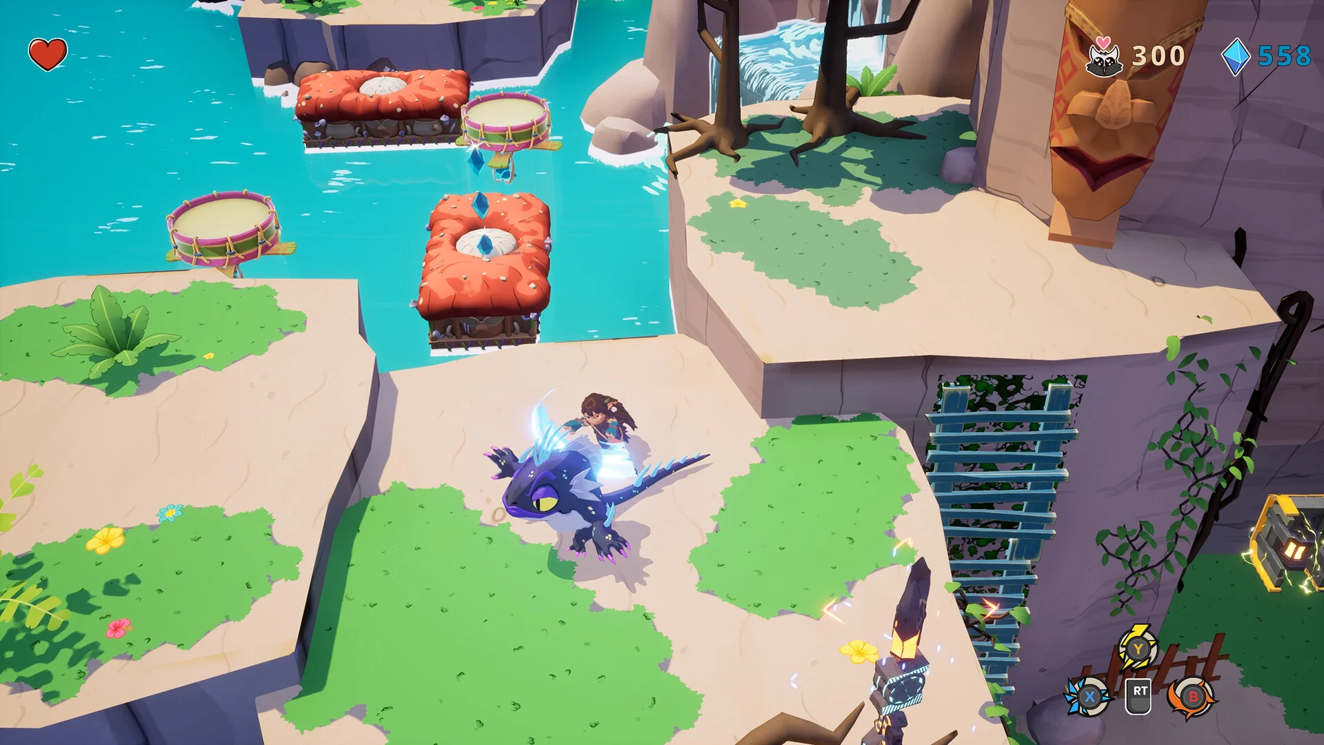 ドラゴンに乗った人物が水辺の足場にいるゲーム画面