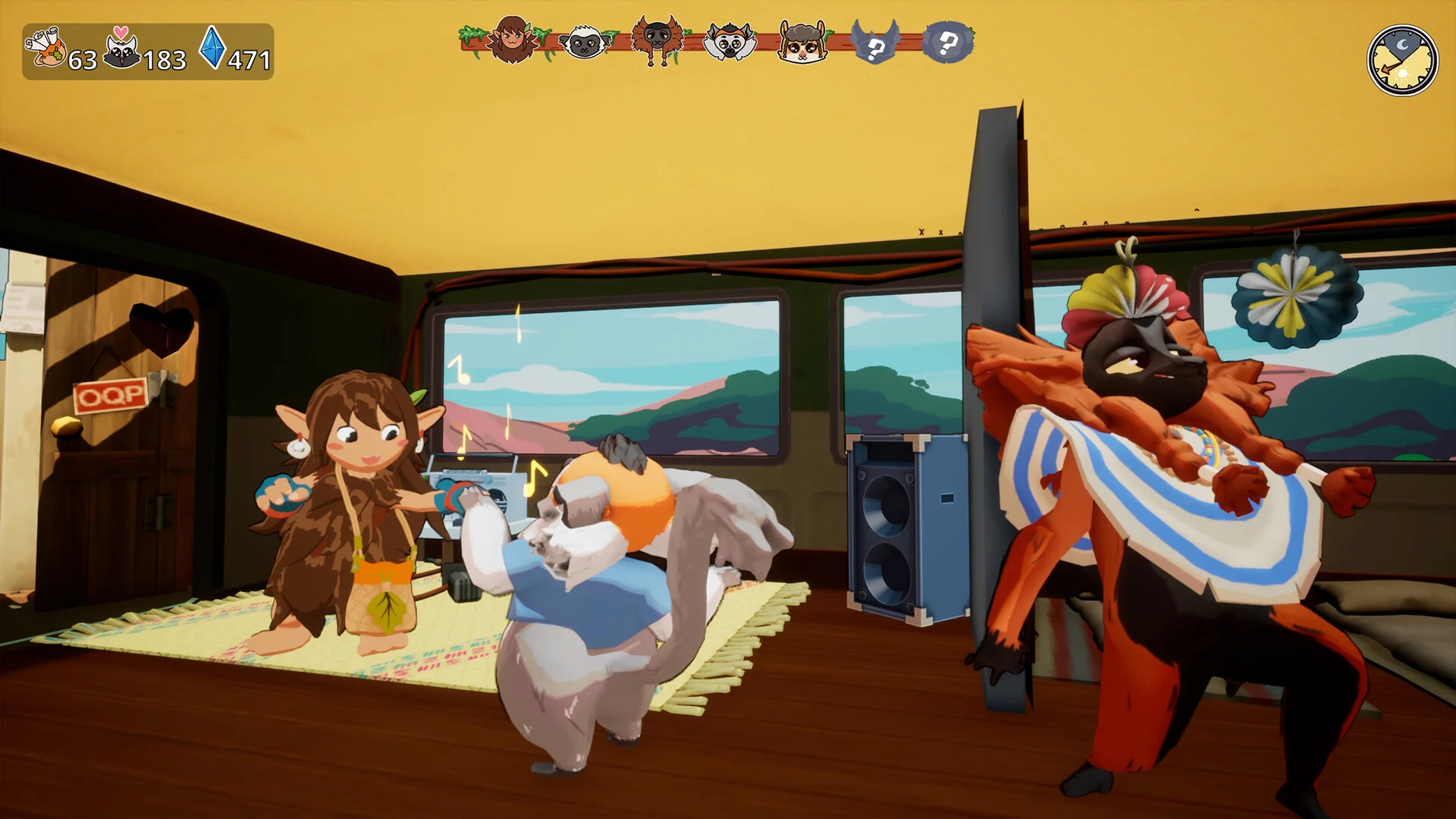 室内で3体のキャラクターが並ぶゲーム画面