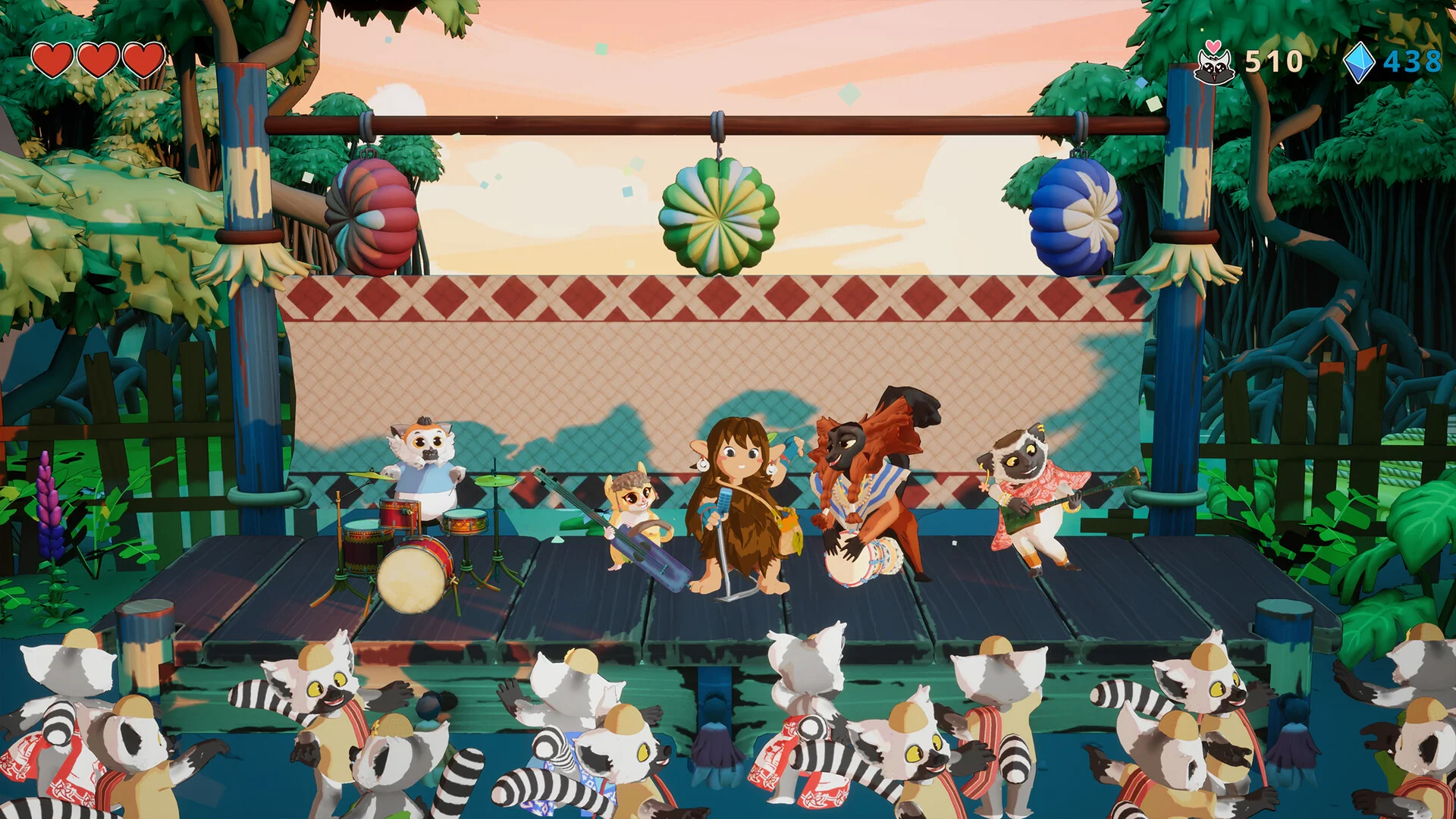 動物の演奏者がステージに並び、観客が見守るゲーム画面