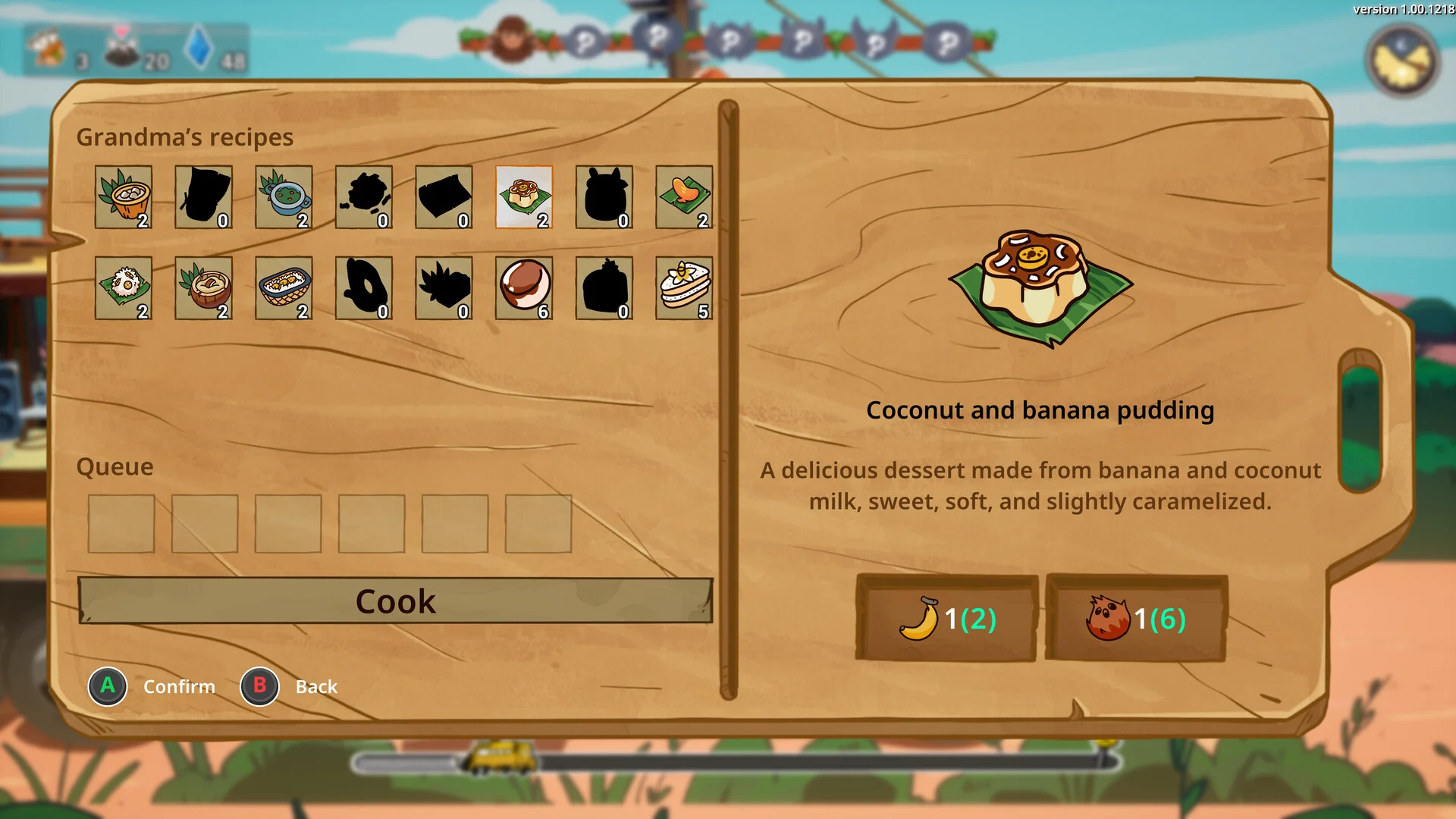 「Coconut and banana pudding」のレシピと料理のイラストを表示したゲーム画面