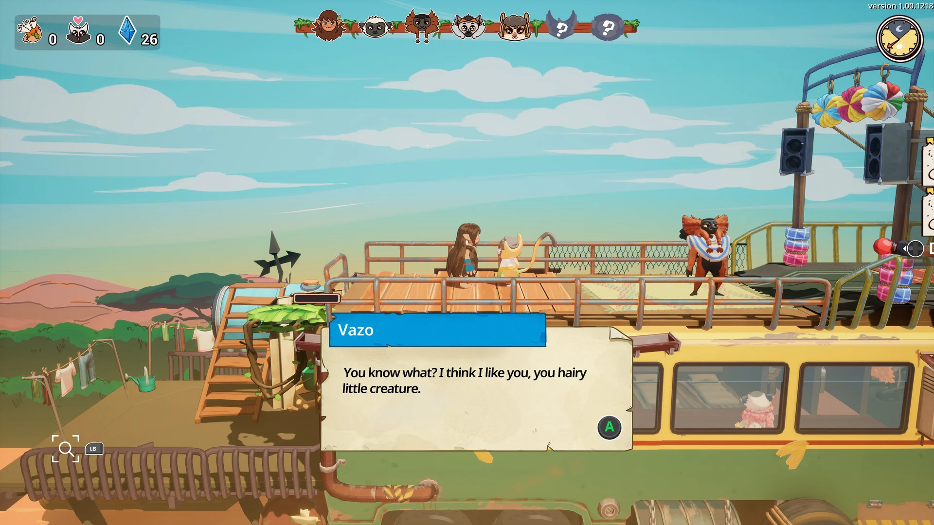 屋根の上にキャラクターが並び、Vazoの会話画面が表示されたゲーム画面
