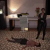 室内で倒れた人物と、そのそばに立つ人物のゲーム画面
