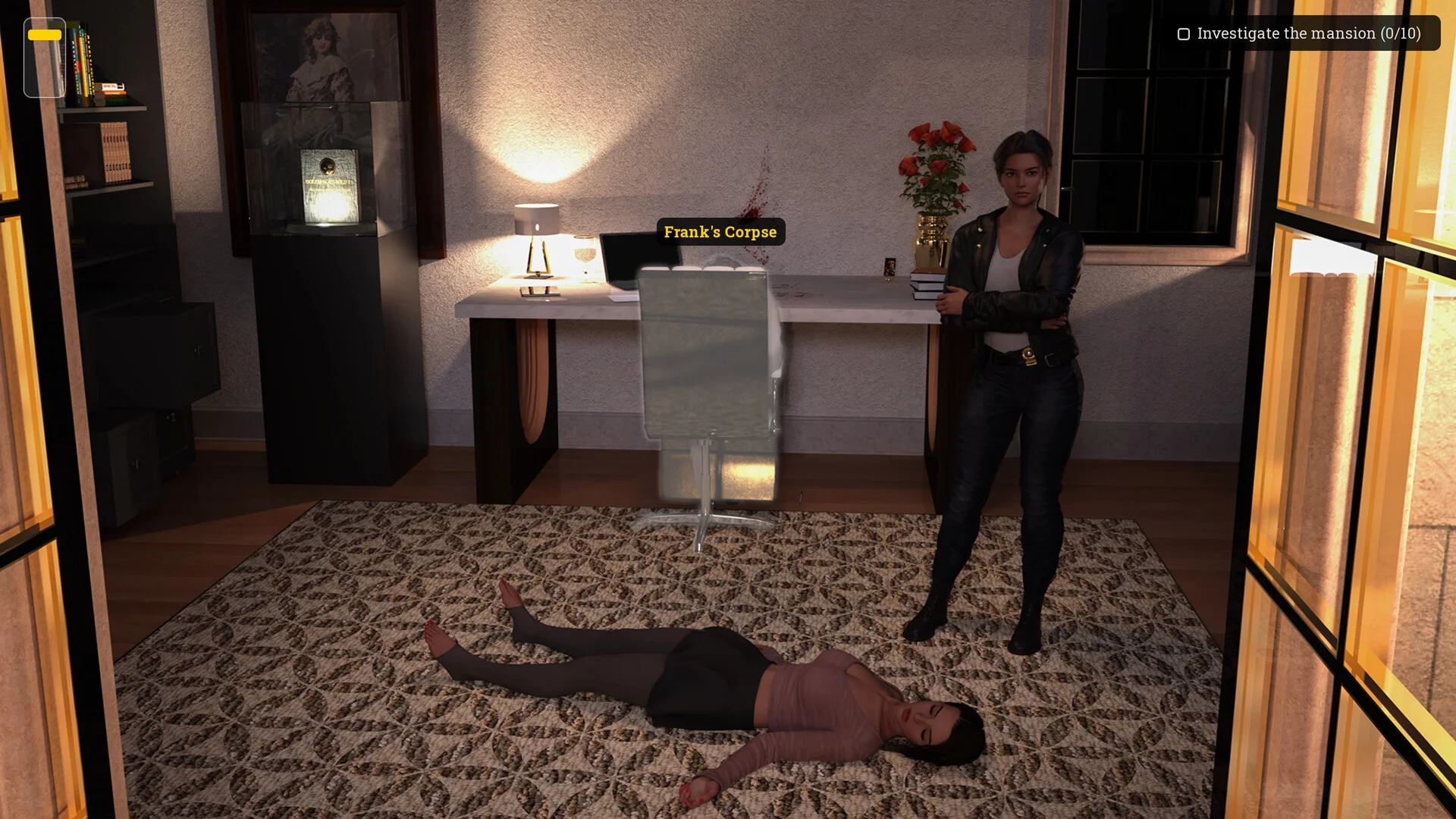 室内で倒れた人物と、そのそばに立つ人物のゲーム画面