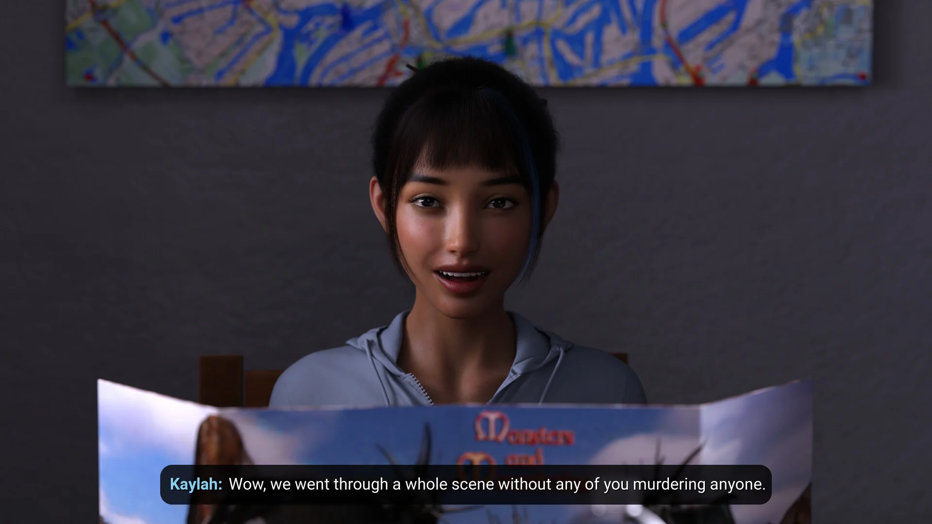 紙を手に持つ女性が映るゲーム画面